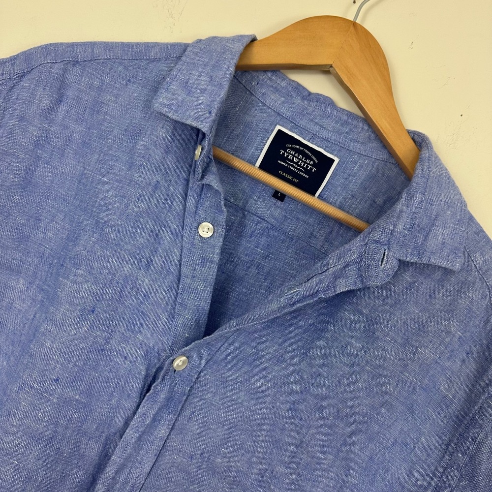 Charles Tyrwhitt 100% Linen Shirt Blue Short Sleeve Classic Fit Button Up Mens L